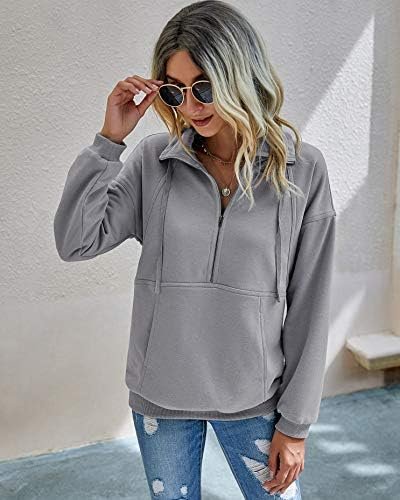 Women's Casual Long Sleeve Lapel Zipper Sweatshirt Drawstring Loose Pullover Tops