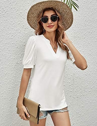 Women Casual V-Neck T-Shirts Loose Puff Short Sleeve Tops Tunic Blouses