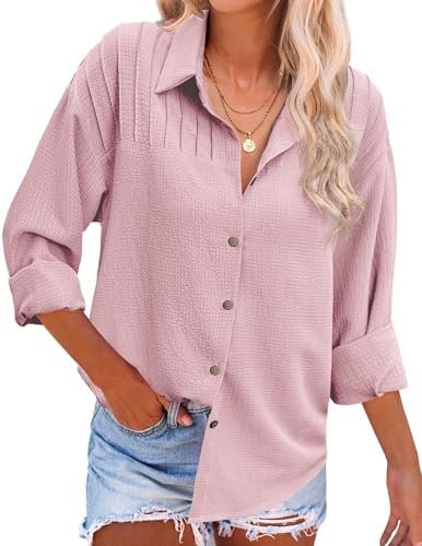 Button Down Shirts for Women Casual Pleated Long Sleeve Shirt Textured Loose Fit Collared Blouse Tops