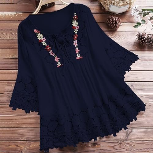 Vintage Floral Lace Shirts for Women 3/4 Sleeve V Neck Tops Casual Oversized Breathable Blouses Travel Fall Clothes