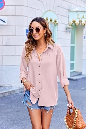 Button Down Shirts for Women Casual Pleated Long Sleeve Shirt Textured Loose Fit Collared Blouse Tops