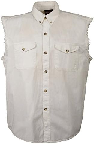 Men's Riding Casual White Cotton Half Sleeve Cut Off Shirt with Frayed Sleeves