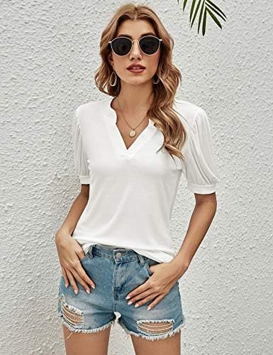 Women Casual V-Neck T-Shirts Loose Puff Short Sleeve Tops Tunic Blouses