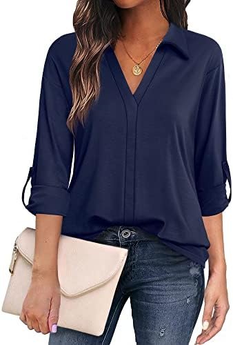 Women's 3/4 Sleeve Blouse V Neck Collared Shirts Ladies Tunic Tops