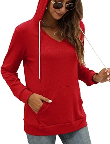 Kangaroo Pocket Hoodies for Womens V Neck Lightweight Sweatshirts Long Sleeve Tops