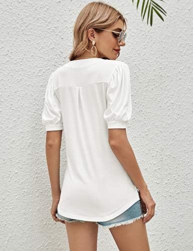 Women Casual V-Neck T-Shirts Loose Puff Short Sleeve Tops Tunic Blouses